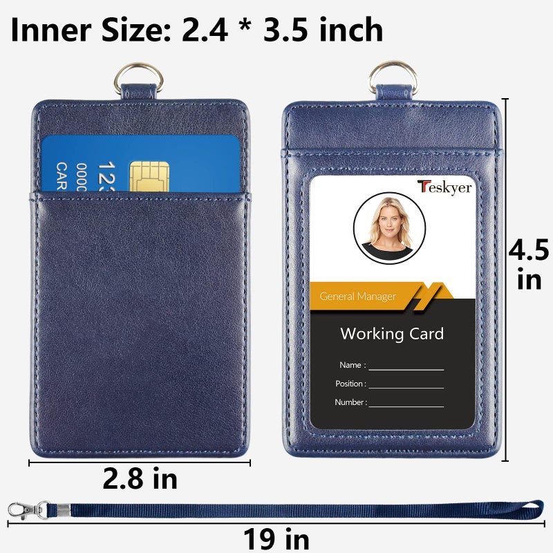 Teskyer Badge Holder with Lanyard, Leather ID Name Badge Card Holder with Lanyard for ID Badges, Vertical Blue - Image 4